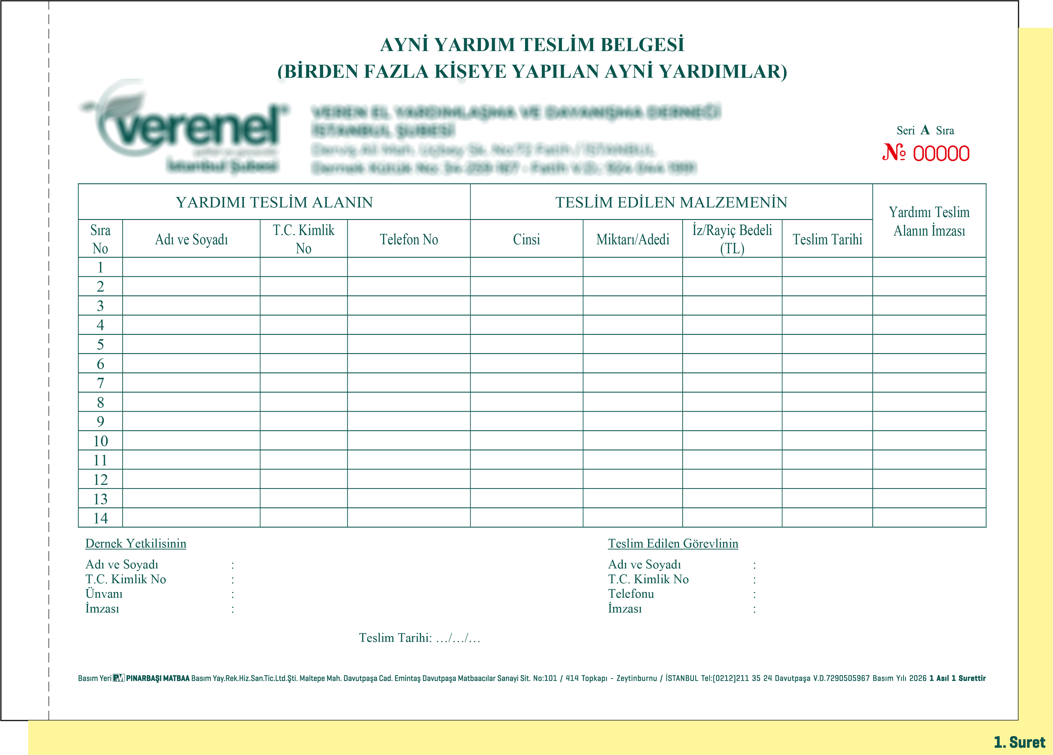 Dernek Ayni Yardım Teslim Belgesi - Birden Fazla Kişiye Yapılan A4